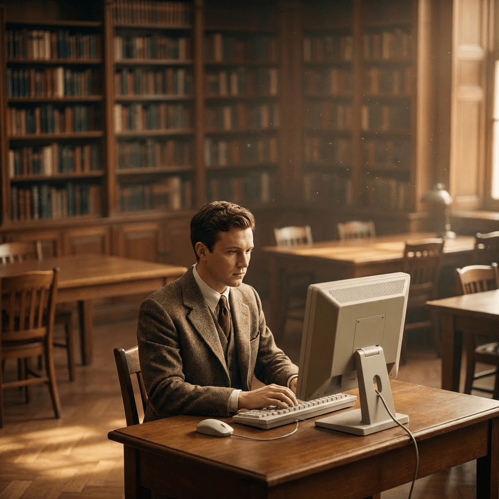 Older bearded man in tweed jacket gesturing while sitting in a library.