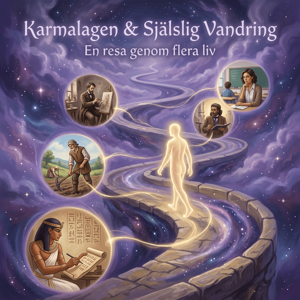 A glowing human figure walking on a spiral stone pathway in space linking historical scenes of different lives