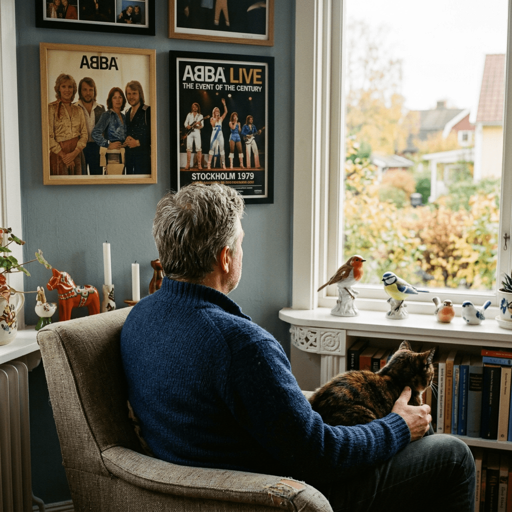 Man sitting in armchair with cat on lap, looking out window with ABBA posters on wall