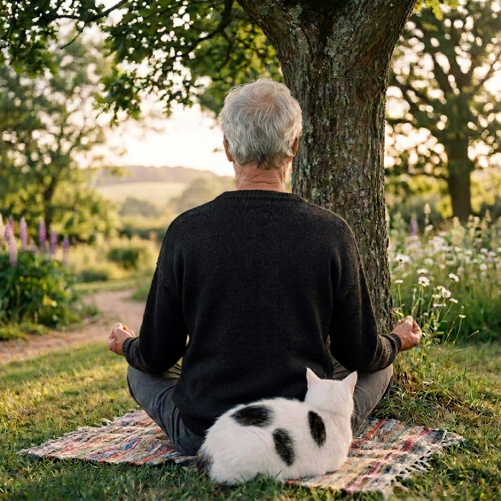 Woman sitting cross-legged meditating outdoors under a tree on a patterned blanket