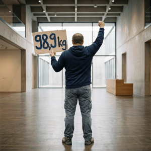 Man holding a sign with '98,9 kg' raised at a protest