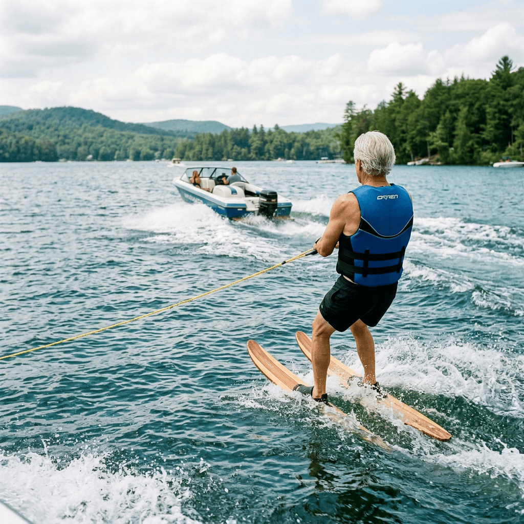 Older man waterskiing on a lake, wearing a blue life vest and black shorts, holding a tow rope attached to a boat named Wavedancer.
